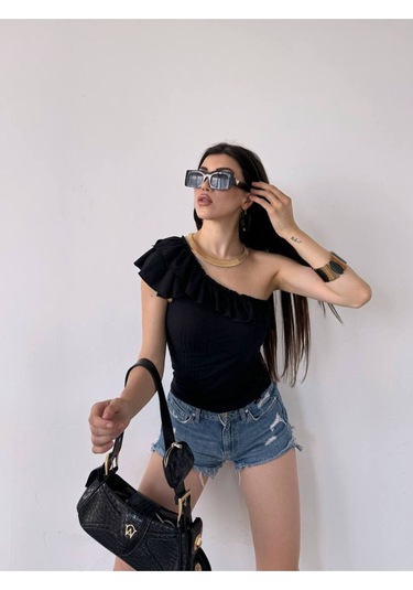Tek Omuz Fırfır Detaylı Bluz Siyah Siyah