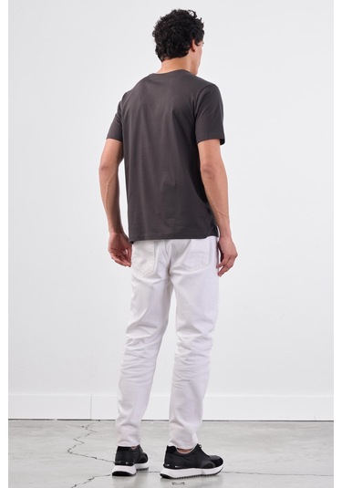 Antrasit V Yaka Pamuklu Düz Renk Slim Fit Erkek T-shirt Antrasit
