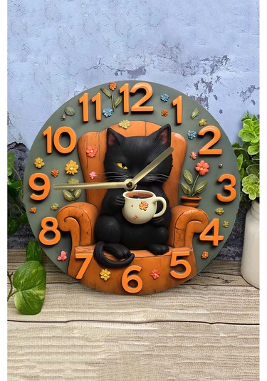 Siyah Kedi Temalı Mdf Duvar Saati 3d Görünümlü, 2d Hd Baskı, Sessiz Mekanizma Sdw237 Renkli