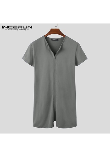 İncerun Yaz Erkek Ev Giyim Tulum Kısa Kollu Fermuarlı Pijama Pijama Siyah