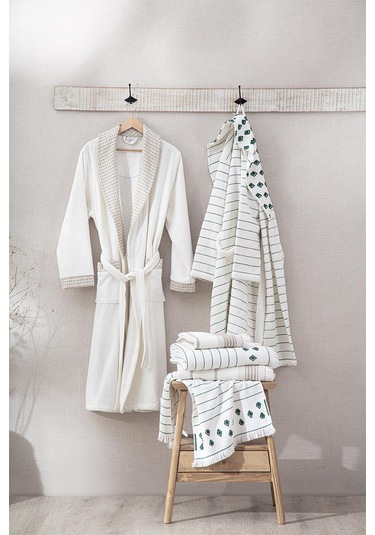 Ecocotton İmre Bej-yeşil "m-l" %100 Organik Pamuk Müslin Jakarlı Aile Bornoz Seti Bej - Yeşil