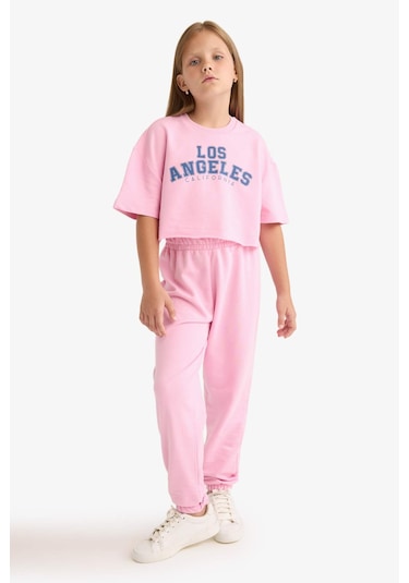 Defacto Kız Çocuk 2li Takım Baskılı Kısa Kollu Tişört Beli Lastikli Eşofman Altı E6414a825aupn649 Pembe