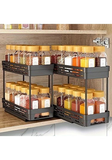 Honeybeeshop Siyah 2 Katlı Çekmeceli Baharatlık Rafı - Dayanıklı Kayar Kavanozlu Mutfak Düzenleyici Siyah
