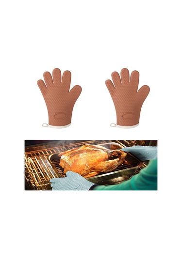 2 Adet Karamel Renkli Silikon Fırın Eldiveni - Aşırı Isı Diğer