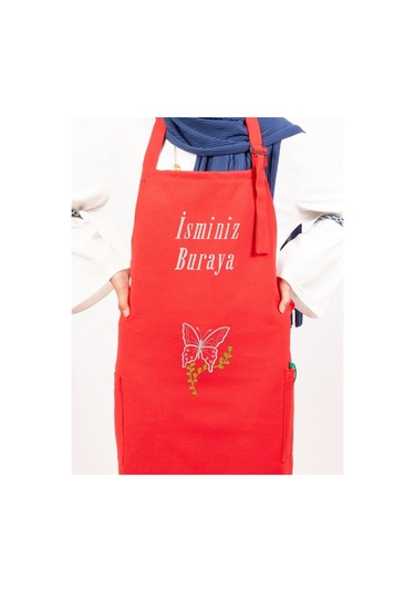 Mutfak Önlüğü Kişiye Ve İsme Özel Nakışlı Mutfak Önlüğü Kelebek01 Farklı Renkler Kırmızı