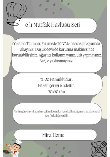 6'lı Mutfak Havlusu Seti 30x50 Cm %100 Pamuklu Nostalji Çok Renkli