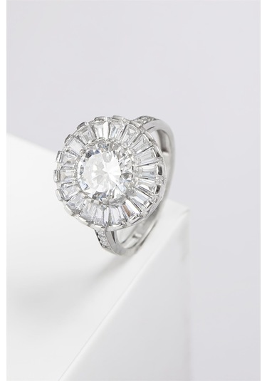 Zirkon Taşlı Baget Süslemeli Rodyumlu 925 Ayar Gümüş Bayan Yüzük -7975