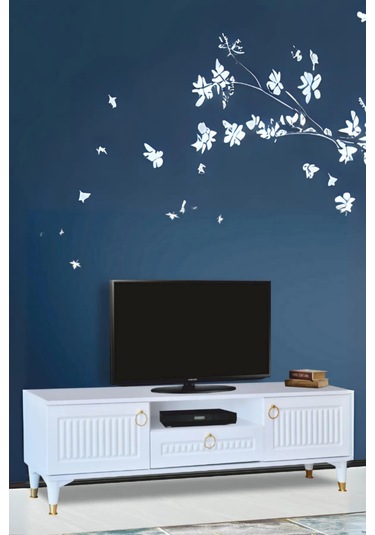 Mindy Tv Sehpası Beyaz 2 Kapaklı 1 Çekmeceli Gold Halkalı Kulplu 160x36x50 Cm