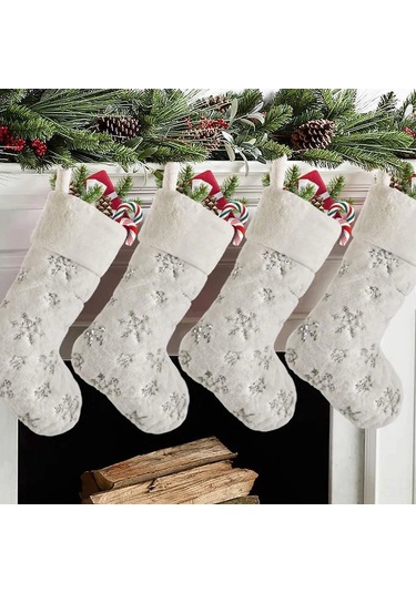 Maiyame Büyük Boy 19 İnç 4'lü Noel Çorabı, Krem Bej Yumuşak Saçaklı, Gümüş Işıltılı Kar Taneleri, Dikişli, Dayanıklı Felt Astarlı Hediye Kutusu Diğer