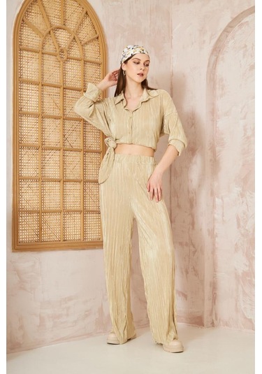 Kadın Pliseli Beli Lastikli Pantolon Tunik Gömlek Ikili Bürümcük Salaş Takım 3573300 Sarı