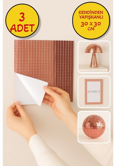 3 Lü Kendinden Yapışkanlı Rose Ayna Mozaik Disco Sticker Duvar Çerçeve Eşya Dekoratif Kaplama 30x30 Rose Gold