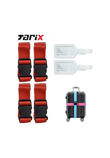 Tarix 4 Adet Kırmızı Valiz Kemeri + 2 Adet Beyaz Valiz Etiketi Kırmızı
