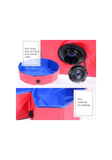 Vkemall Küçük Evcil Hayvanlar İçin Çekirdekli Katlanabilir Banyo Havuzu - 60cm Çap X 20cm Yükseklik, Pvc Malzeme, Su Çıkarma Kanalı, Kırmızı-mavi Renk