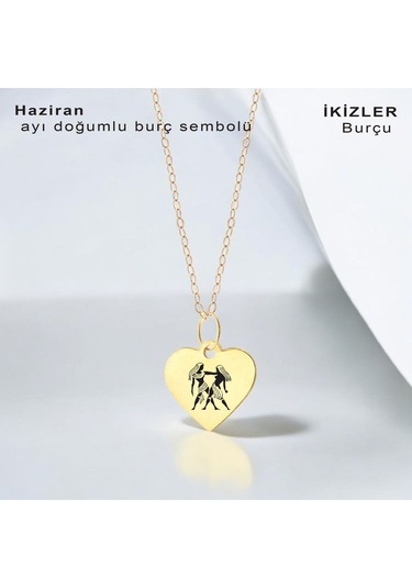 İkizler Burçlarına 14 Ayar Altın Plakalı Kalp Motifli Zincirli Hediyelik Kolye-352burç İkizler