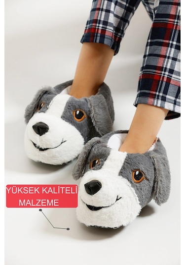 Devida Yumuşak Taban Sevimli Köpek Panduf Gri - Beyaz Beyaz - Gri