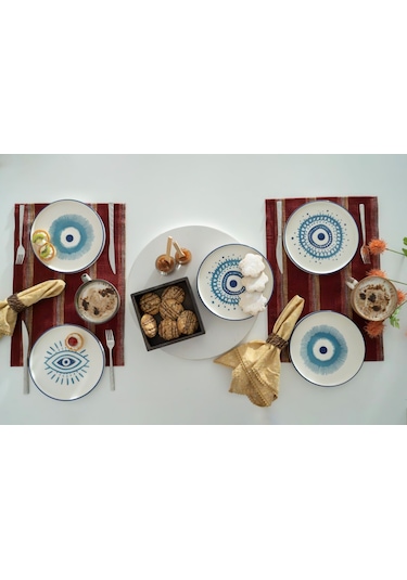 Kevin Seramik Nazar Boncuklu Hand Made 6 Parça Lüks Pasta Sunum Tabağı