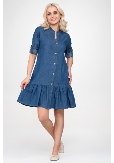 Bold & Young Kadın Cepli Kol Britli Etek Ucu Büzgülü Katlanır Kol Gömlek Elbise İndigo