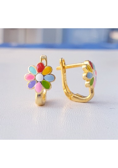 Rengarenk Mineli Klipsli Çiçekli Papatyalı Gümüş Çocuk Küpesi