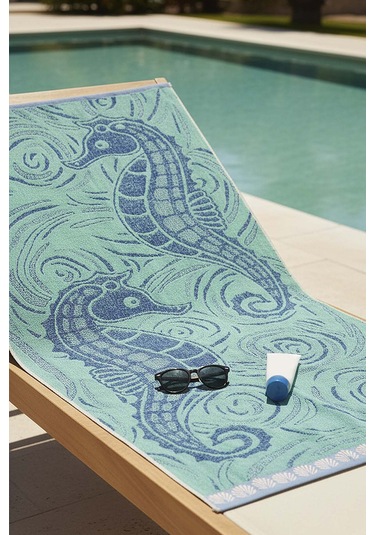 Turkuaz Yeşili Poseidon %100 Pamuklu Plaj Havlusu 70x140 Cm Mavi