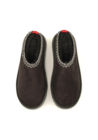 Perth Asimetrik Ağızlı Kadın Nakış Detaylı Kürk Slipper Siyah