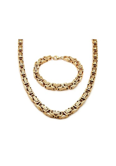 Gold Erkek Çelik Kral Zincir Kolye Bileklik Set 4mm Gold