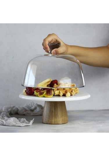 Akayev Mermer 25 CM Ahşap Konik Ayaklı Kalın Beyaz Cam Fanus