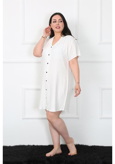 Akbeniz Büyük Beden Dokuma Düğmeli Beyaz Tunik Gecelik 1022-beyaz Beyaz