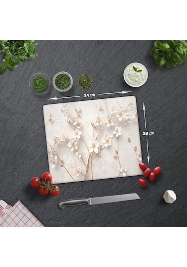 Cam Kesme Tablası - Cam Kesme Tahtası Beyaz Çiçek 29cm X 34cm