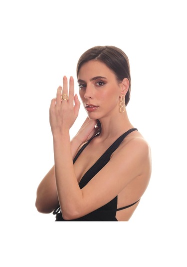 Kadın Mat Altın Kaplama Dikdörtgen Formlu Tasarım Küpe & Yüzük Seti Altın