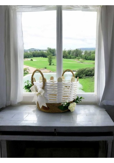 El Yapımı Hasır Sepet Takı Organizer Banyo Makyaj Kutusu Komodin Üstü Düzenleyici Beyaz