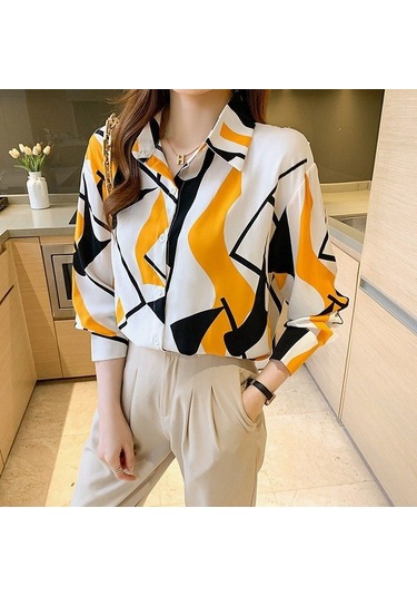 Kadın Uzun Kollu Şifon Gömlek Moda Kore Fit Geometrik Baskı Üst Büyük Gömlek Sarı