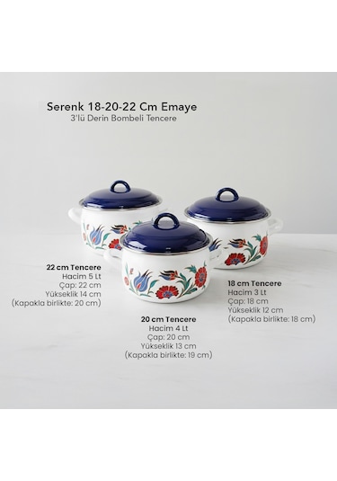 Serenk 18-20-22 Cm Emaye 3'lü Derin Bombeli Tencere Seti