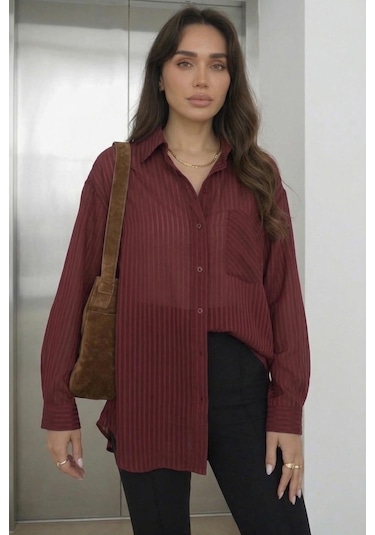 Lijuri Bordo Çizgili Transparan Oversize Gömlek 3515