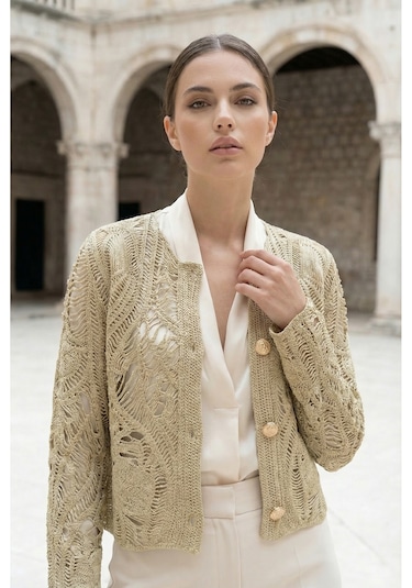 Sayzen Your Shine Dantel Desenli Gold Düğmeli Basic Ceket Shn-2602-tg Stone