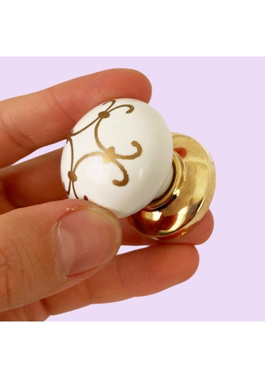 8 Adet Defne Altın Çizgili Beyaz Polimer Düğme Kulp Altın Tablalı Mobilya Mutfak Dolabı Çekmece Kulbu Kulpları