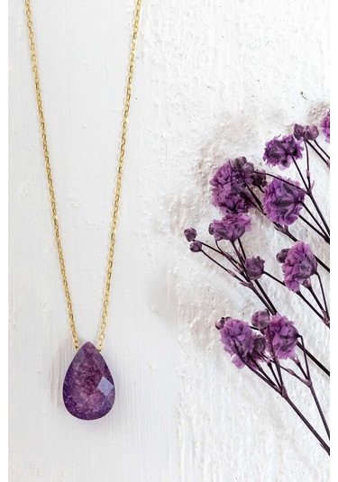 Moom Mücevherat Kadın Mor Damla Doğal Taşlı Kolye 14 Ayar Altın