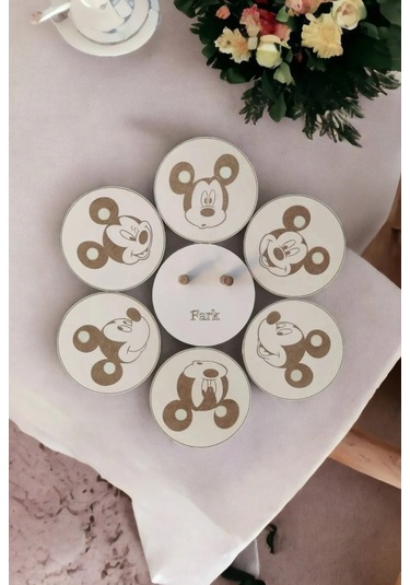 Ahşap Figürlü 6'lı Bardak Altlığı Lazer Kazıma 3mm - Mickey Mouse Ahşap - Beyaz