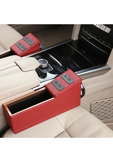 Koltuk Aralığı Deri Depolama Kutusu, 4 Usb Şarj Portlu, Kupa Tutucu, Telefon Anahtar Cüzdan Saklama, Yan Sürücü Tarafı, Bordo Rengi