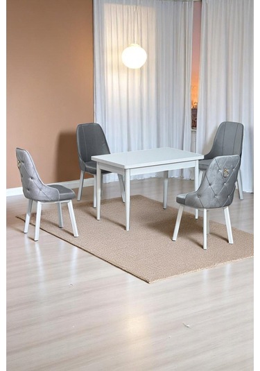 Still Beyaz Sunta 70x110 Sabit Mutfak Masası Takımı Beyaz Metal Ayak 4 Gri Sandalye Gri