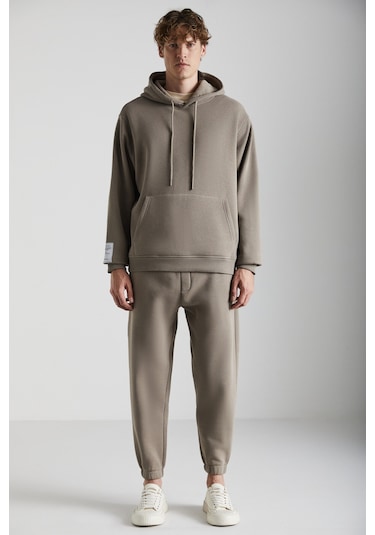 Ashbourne Erkek Oversize Kanguru Cepli Kol Etiket Detaylı Organik Pamuk Vizon Eşofman Takımı