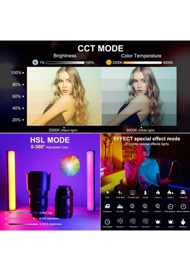 Gajeena Puluz Pu4139 Rgb Işık Çubuğu 32cm - 2500k-9000k Renk Sıcaklığı, 21 Işık Efekti, Pil Dahil, Mıknatıslı Tasarım Siyah