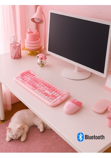 NDNeed ND-CAT100DUAL Sevimli Kedi Kablosuz Q Klavye Mouse Set
