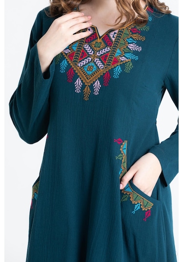 Uzun Kol Şile Bezi Nakışlı Antik Uzun Elbise Petrol Ptrl-petrol Petrol