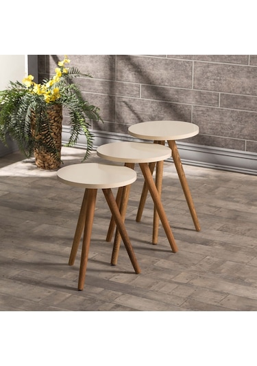 Zigon Sehpa Ve Orta Sehpa Set Ahşap Torna Elips Krem
