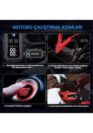Avapow E5 Pro 12000MAH 2000A Jump Starter Taşınabilir Akü Takviye Kiti (Powerbank + LCD + LED Işık)