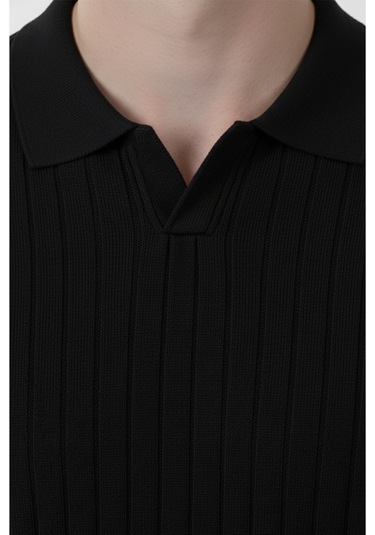 Deepsea Erkek Siyah Polo Yaka Fitilli Triko Kazak %100 Pamuk, Esnek Dokulu, Modern Kalıp 2605305 Siyah