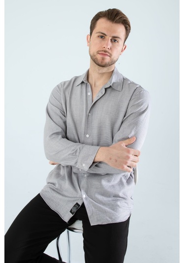 Rahat Kesim Keten Dokulu Gömlek Gri