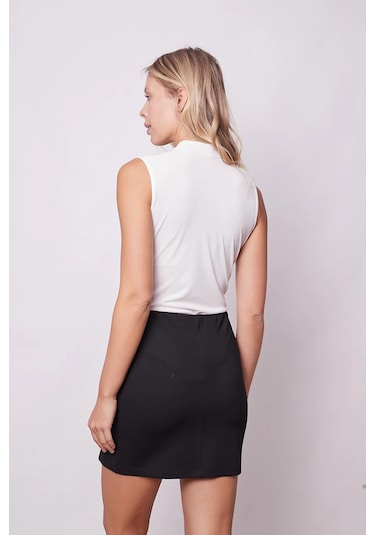 Kadın Yüksek Bel Önden Yırtmaçlı Hafif Likralı Çelik Kumaş Mini Kalem Etek Boy:44cm -siyah Siyah