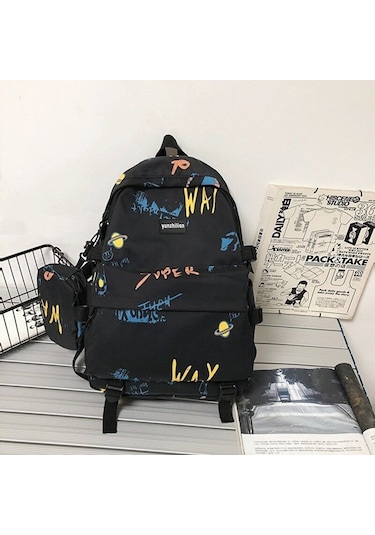 Genç Erkekler İçin Şık Ve Dayanıklı Ortaokul Lise Öğrenci Sırt Çantası - Büyük Kapasiteli Grafik Tasarımlı Moda Trendi Okul Ve Seyahat Çantası Siyah