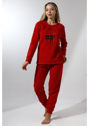 Fawn 5016 Peluş Welsoft Polar Kışlık Yumoş Geyikli Kadın Pijama Takımı Kırmızı
